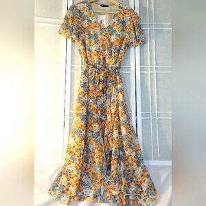 PRETTY GARDEN Women's Floral Faux Wrap Dress Flutter Sleeves High Low Hemm Large